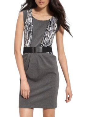 BCBGMaxAzria Ponte Knit Dress Gray Print Panel Cap Sleeve Size Small